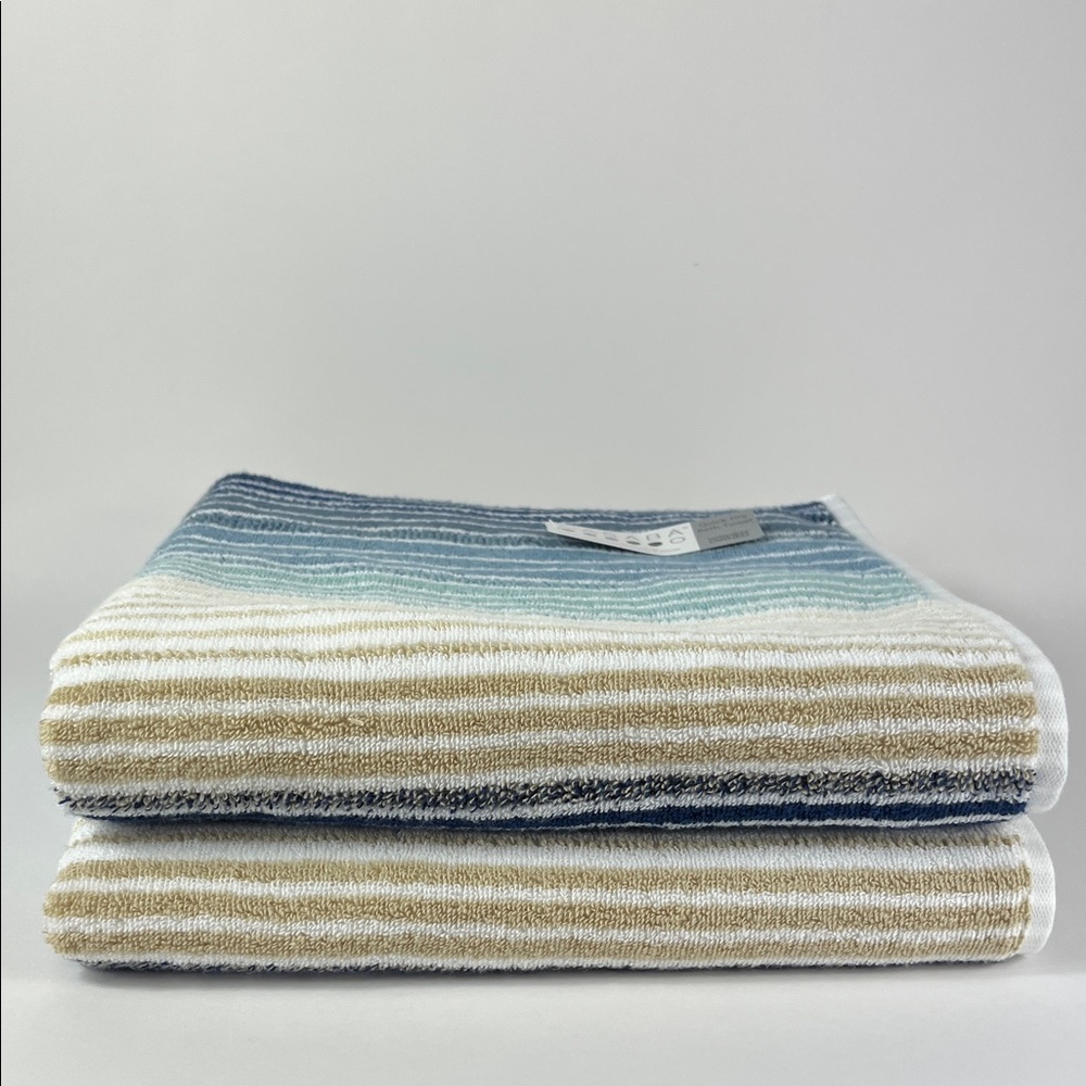 Casaba Bath Towels Tan Blue White Striped Quick Dry Zero Twist Cotton 2 Pc NEW